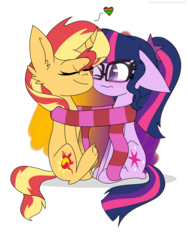 Size: 2400x3200 | Tagged: safe, artist:xxsunsetshimmer23xx, sci-twi, sunset shimmer, twilight sparkle, pony, unicorn, g4, clothes, duo, equestria girls ponified, female, floppy ears, glasses, heart, high res, lesbian, ponified, scarf, shared clothing, shared scarf, ship:sci-twishimmer, ship:sunsetsparkle, shipping, simple background, transparent background, unicorn sci-twi, wingless