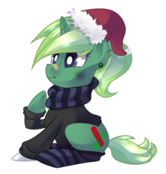 Size: 1838x1928 | Tagged: safe, artist:drawntildawn, oc, oc only, oc:donutnerd, pony, unicorn, clothes, ear piercing, hat, piercing, santa hat, simple background, socks, solo, striped socks, transparent background