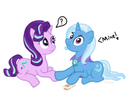Size: 2834x2409 | Tagged: safe, artist:trixeed, starlight glimmer, trixie, pony, unicorn, g4, confused, crackers, dialogue, duo, female, food, frown, high res, holding hooves, lesbian, looking at you, mare, peanut butter, peanut butter crackers, prone, question mark, ship:startrix, shipping, simple background, talking to viewer, transparent background, wide eyes