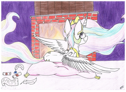 Size: 1024x745 | Tagged: safe, artist:feathershine1, princess celestia, pony, g4, both cutie marks, female, fireplace, inkwell, prone, quill, scroll, solo, traditional art