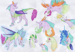 Size: 6816x4752 | Tagged: safe, artist:dawn22eagle, spike, thorax, oc, oc:cordelia, changedling, changeling, dragon, hybrid, g4, to where and back again, absurd file size, absurd resolution, gay, interspecies offspring, king thorax, magical gay spawn, male, mandibles, next generation, offspring, parent:spike, parent:thorax, parents:thoraxspike, ship:thoraxspike, shipping, simple background, traditional art