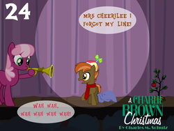 Size: 1024x768 | Tagged: safe, artist:bronybyexception, button mash, cheerilee, earth pony, pony, g4, a charlie brown christmas, advent calendar, blanket, bugle, bugle mistaken for a trumpet, charlie brown, christmas, christmas tree, clothes, colt, dialogue, female, hearth's warming eve, linus van pelt, male, mare, musical instrument, peanuts, puffy cheeks, scarf, stage, tree, trumpet