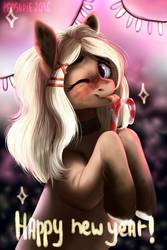 Size: 720x1080 | Tagged: safe, artist:pessadie, oc, oc only, earth pony, pony, blushing, bust, candy, candy cane, choker, christmas lights, colored hooves, female, food, happy new year, hoof fluff, licking, looking at you, mare, solo, tongue out