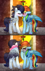 Size: 1024x1615 | Tagged: safe, artist:northlights8, rainbow dash, soarin', pony, g4, blushing, blushing profusely, colored wings, colored wingtips, embarrassed, kissing, male, mistletoe, ship:soarindash, shipping, straight