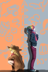 Size: 1181x1771 | Tagged: safe, artist:signiroha, applejack, rainbow dash, equestria girls, g4, braid, clothes, coat, female, jacket, kneeling, lesbian, pixiv, scarf, ship:appledash, shipping