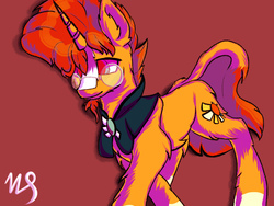 Size: 1600x1200 | Tagged: safe, artist:awhitesheep, sunburst, classical unicorn, pony, unicorn, g4, blaze (coat marking), coat markings, facial hair, facial markings, fluffy, glasses, goatee, horn, leonine tail, male, red background, simple background, socks (coat markings), solo, stallion, sunburst's glasses