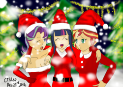 Size: 2183x1543 | Tagged: safe, artist:infinityr319, starlight glimmer, sunset shimmer, twilight sparkle, human, g4, christmas, christmas lights, christmas tree, clothes, counterparts, humanized, side hug, tree, trio, twilight's counterparts