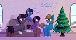 Size: 4800x2560 | Tagged: safe, artist:dsp2003, oc, oc only, oc:chillycube, oc:skirty, earth pony, pony, christmas tree, female, foal, high res, male, open mouth, tree
