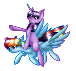 Size: 1327x1237 | Tagged: safe, artist:alithecat1989, rainbow dash, twilight sparkle, pony, g4, duo, ponies riding ponies, riding, simple background, transparent background, twilight riding rainbow dash