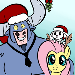Size: 750x750 | Tagged: safe, artist:creepycurse, angel bunny, fluttershy, iron will, minotaur, pegasus, pony, rabbit, g4, angelbetes, animal, christmas, cute, hat, holly, looking at you, reindeer antlers, santa hat, smiling, smiling at you, trio, willabetes