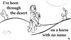 Size: 5120x2880 | Tagged: safe, artist:prismstreak, oc, oc only, oc:krylone, pony, a horse with no name, america (band), bridle, cactus, desert, high res, monochrome, ponies riding ponies, riding, song reference, tack, tinyface