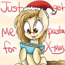 Size: 2048x2048 | Tagged: safe, artist:vanillashineart, oc, oc only, food pony, original species, bowl, female, food, hat, high res, macaroni, mare, pasta, santa hat, solo
