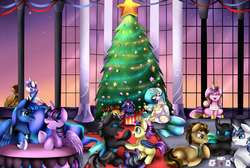 Size: 4029x2702 | Tagged: safe, artist:pridark, doctor whooves, princess cadance, princess celestia, princess flurry heart, princess luna, shining armor, thorax, time turner, twilight sparkle, oc, alicorn, bat pony, changeling, pony, g4, christmas, christmas ornament, christmas tree, commission, cute, decoration, fangs, floppy ears, happy, high res, ocbetes, older, playing card, present, royal sisters, sign, smiling, tree, twilight sparkle (alicorn)