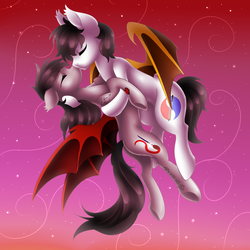 Size: 3000x3000 | Tagged: safe, artist:scarlet-spectrum, oc, oc only, bat pony, pony, anniversary, commission, couple, embrace, eyes closed, flying, high res, hug, kissing, male, oc x oc, romantic, shipping, stars, straight
