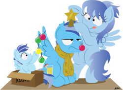 Size: 717x528 | Tagged: safe, artist:bobthedalek, oc, oc only, oc:hard cyder, pegasus, pony, bauble, bipedal, box, decorating, decoration, family, frown, lidded eyes, ornament, simple background, smiling, spread wings, tinsel, tongue out, transparent background, unamused