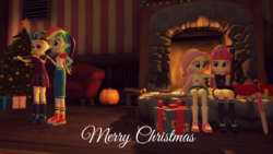 Size: 1920x1080 | Tagged: safe, artist:razethebeast, fluttershy, indigo zap, rainbow dash, sour sweet, equestria girls, g4, my little pony equestria girls: friendship games, my little pony equestria girls: legend of everfree, 3d, christmas, christmas tree, clothes, converse, crystal prep academy uniform, fireplace, goggles, group, merry christmas, present, pumpkin, school uniform, shoes, sitting, socks, source filmmaker, sword, tree, weapon