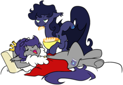 Size: 1057x730 | Tagged: safe, artist:egophiliac, oc, oc only, oc:dusk rhine, oc:halfmoon, bat pony, pony, annoyed, bed, bowl, cape, clothes, crown, cute, duo, fangs, feeding, female, food, glasses, jewelry, male, orange, pillow, regalia, simple background, transparent background