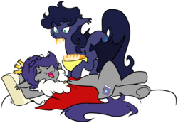 Size: 1057x730 | Tagged: safe, artist:egophiliac, oc, oc only, oc:dusk rhine, oc:halfmoon, bat pony, pony, bed, bowl, cape, clothes, crown, cute, duo, fangs, feeding, female, food, glasses, happy, jewelry, male, orange, pillow, regalia, simple background, transparent background