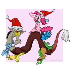 Size: 800x800 | Tagged: safe, artist:swanlullaby, discord, gummy, pinkie pie, g4, clothes, cute, discute, fun, hat, santa hat, scarf, tongue out, trio