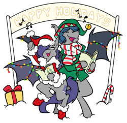 Size: 747x723 | Tagged: safe, artist:egophiliac, oc, oc only, oc:dusk rhine, oc:racket rhine, bat pony, pony, adorkable, brothers, candy, candy cane, caroling, christmas, clothes, cute, dork, elf hat, food, glasses, hat, holiday, merry christmas, outfit, present, santa hat, scarf, simple background, singing, transparent background
