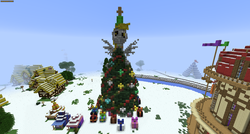 Size: 1920x1028 | Tagged: safe, derpy hooves, pegasus, pony, g4, christmas, christmas tree, derpy star, female, game screencap, hearth's warming, hearth's warming tree, holiday, mare, minecraft, ponyville, ponyvillesquare, present, snow, town hall, tree