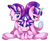 Size: 2284x1855 | Tagged: safe, artist:maren, starlight glimmer, pony, unicorn, g4, cute, equestria is doomed, evil, female, filly, filly starlight glimmer, glimmerbetes, glowing horn, good, horn, lidded eyes, looking back, magic, mare, pigtails, s5 starlight, self paradox, self ponidox, simple background, sitting, smiling, solo, triality, trio, triple the glimmer, twintails, white background, younger