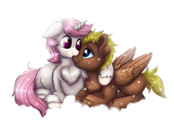 Size: 1920x1400 | Tagged: safe, artist:confetticakez, oc, oc only, pegasus, pony, unicorn, chest fluff, cuddling, cute, duo, looking at each other, ocbetes, smiling, snow, snowfall, snuggling