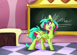 Size: 2800x2000 | Tagged: safe, artist:nekosnicker, oc, oc only, pony, chalkboard, chest fluff, high res, open mouth, solo