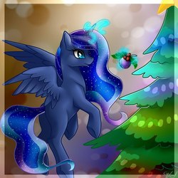 Size: 1080x1080 | Tagged: artist needed, safe, princess luna, alicorn, pony, my little brony risovach, g4, christmas, christmas tree, female, holly, mare, missing cutie mark, new year, solo, tree