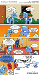 Size: 1080x2042 | Tagged: safe, artist:pony-berserker, princess luna, trixie, twilight velvet, oc, oc:cobalt, pony, unicorn, g4, clothes, comic, complaining, court, crown, dialogue, eyes closed, floppy ears, flower, i can't believe it's not idw, jewelry, judge, look-alike, looking at each other, magic, magic blast, male, not trixie, quill, regalia, shirt, stallion, telekinesis, tongue out, trotting, window, writing