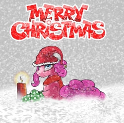 Size: 1808x1803 | Tagged: safe, artist:tincantim, pinkie pie, earth pony, pony, g4, candle, christmas lights, clothes, female, hat, prone, santa hat, snow, socks, solo