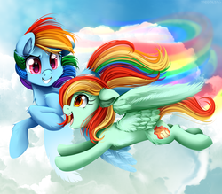 Size: 2000x1750 | Tagged: safe, artist:meotashie, rainbow dash, oc, oc:softball blaze, pegasus, pony, g4, cloud, commission, duo, duo female, female, flying, mare, open mouth, open smile, outdoors, pegasus oc, sky, smiling, spread wings, wings