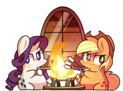 Size: 1080x803 | Tagged: safe, artist:php56, applejack, rarity, g4, look before you sleep, angry, chibi, duo, fire, food, looking back, marshmallow, s'mores, simple background, white background