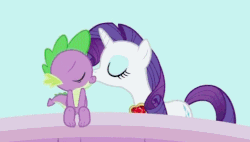 Size: 524x297 | Tagged: safe, edit, edited screencap, screencap, rarity, spike, dragon, pony, unicorn, g4, secret of my excess, animated, cheek kiss, female, fire ruby, gif, imminent vore, implied vore, kissing, male, mare, ship:sparity, shipping, something else also rises, straight, tail, tailboner