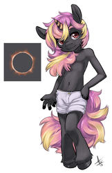 Size: 778x1200 | Tagged: safe, artist:aogami, oc, oc only, oc:darkstar, unicorn, anthro, unguligrade anthro, anthro oc, belly button, clothes, eclipse, head tilt, looking at you, male, partial nudity, raised hoof, shorts, smiling, solo, topless, unshorn fetlocks