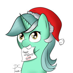 Size: 4000x4000 | Tagged: safe, artist:lyres-art, lyra heartstrings, pony, unicorn, g4, bust, female, grin, happy hearth's warming, hat, mouth hold, note, portrait, santa hat, simple background, smiling, solo, transparent background
