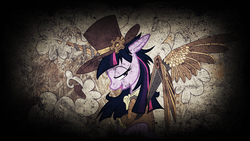 Size: 3840x2160 | Tagged: safe, artist:pashapup, edit, editor:keischa-assili, twilight sparkle, alicorn, pony, g4, female, hat, high res, mare, prosthetics, solo, steampunk, top hat, twilight sparkle (alicorn), vector, wallpaper
