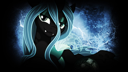 Size: 3840x2160 | Tagged: source needed, safe, artist:kp-shadowsquirrel, artist:yanoda, edit, editor:keischa-assili, queen chrysalis, changeling, changeling queen, g4, fangs, female, high res, looking at you, solo, vector, wallpaper