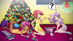 Size: 2600x1463 | Tagged: safe, artist:mauroz, apple bloom, fluttershy, rainbow dash, rarity, scootaloo, spike, sweetie belle, human, g4, amputee, barefoot, boots, box, christmas, christmas lights, christmas tree, clothes, cute, cutealoo, cutie mark crusaders, cutie ship crusaders, doll, dress, eyes closed, feet, female, gift tag, gratuitous shipping, humanized, implied flutterdash, implied spikebelle, implied spikebloom, indoors, male, merry christmas, midriff, nightgown, now kiss, ornament, present, prosthetic leg, prosthetic limb, prosthetics, question mark, scootaloo the shipper, ship:spikebloom, shipper on deck, shipping, skirt, slippers, socks, straight, toy, tree