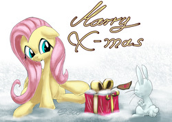 Size: 1280x905 | Tagged: safe, artist:desertfox500, angel bunny, fluttershy, g4, christmas, duo, gift giving, merry christmas, my little art challenge, present, sitting, snow