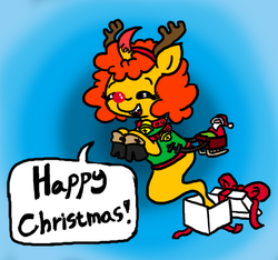 Size: 640x600 | Tagged: safe, artist:ficficponyfic, oc, oc only, oc:pipadeaxkor, demon, demon pony, colt quest, antlers, bell, christmas, christmas presents, clothes, collar, color, colored, costume, cute, disguise, evil, eyes closed, fangs, female, floating, horn, illusion, ribbon, rudolph the red nosed reindeer, santa claus, shoes, sleigh, solo, sweater, toy