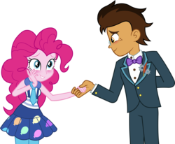 Size: 1280x1053 | Tagged: safe, artist:imperfectxiii, pinkie pie, oc, oc:copper plume, equestria girls, g4, my little pony equestria girls: friendship games, blushing, canon x oc, clothes, copperpie, equestria girls-ified, freckles, glasses, holding hands, male, pants, self insert, shipping, simple background, smiling, straight, suit, transparent background, vector