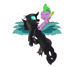 Size: 6128x5360 | Tagged: safe, artist:vertovia2437, spike, thorax, changeling, g4, absurd resolution, dragons riding changelings, flying, riding, simple background, smiling, spike riding thorax, white background