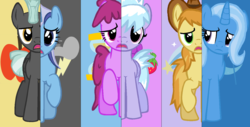 Size: 1414x720 | Tagged: safe, artist:skittles91k, berry punch, berryshine, braeburn, cloudchaser, minuette, thunderlane, trixie, pony, unicorn, g4, base used, female, mare, swapped cutie marks, what my cutie mark is telling me