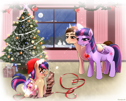 Size: 1270x1016 | Tagged: safe, artist:sanaya, twilight sparkle, oc, oc:mayday parker sparkle, alicorn, pegasus, pony, unicorn, g4, christmas tree, crossover, crossover shipping, daughter, family, father, father and daughter, gem, happy holidays, hat, hearth's warming eve, jewelry, male, merry christmas, mother, mother and daughter, necklace, offspring, parent:peter parker, parent:twilight sparkle, parents:spidertwi, peter parker, present, ribbon, ruby, santa hat, shipping, snow, spider-man, spidertwi, straight, tree, twilight sparkle (alicorn)