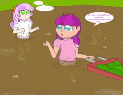Size: 2200x1700 | Tagged: safe, artist:basher-the-basilisk, lily longsocks, sweetie belle, human, g4, bog, dirty, female, food, fruit, humanized, muck, mud, quicksand, smell, smelly, swamp, sweetie fail, sweetiedumb, visible stench, watermelon