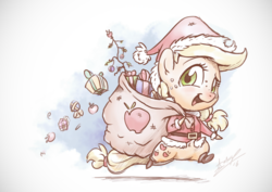 Size: 1200x848 | Tagged: safe, artist:assasinmonkey, applejack, earth pony, pony, g4, bipedal, chibi, christmas, clothes, cute, female, freckles, hat, jackabetes, looking at you, mare, open mouth, present, sack, santa claus, santa hat, santa sack, smiling, solo