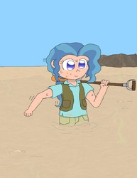 Size: 1700x2200 | Tagged: safe, artist:basher-the-basilisk, petunia paleo, human, g4, clothes, dirty, female, humanized, muck, mud, quicksand, shovel, smell, smelly, smiling, solo, sweat, visible stench, wasteland