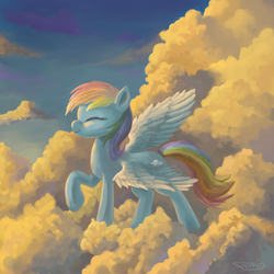 Size: 4000x4000 | Tagged: safe, artist:sycreon, rainbow dash, pony, g4, cloud, cloudy, eyes closed, female, raised hoof, sky, smiling, solo, spread wings