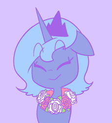 Size: 926x1010 | Tagged: safe, artist:typhwosion, princess luna, pony, friendship is magic, g4, crown, cute, eyes closed, female, floppy ears, floral necklace, flower, gray background, jewelry, lunabetes, regalia, s1 luna, scene interpretation, simple background, solo